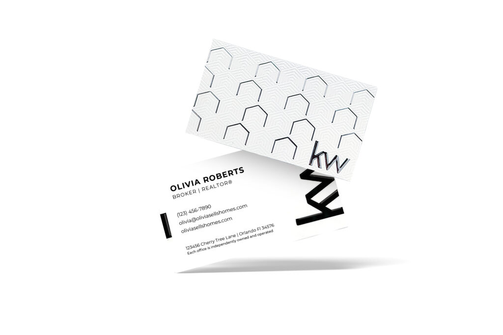 Horizontal White with Spot UV and Foil Back Pattern KW Luxury Business Card